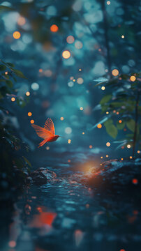 orange bird flying over brook in forest at night gold bokeh fireflies mobile wallpaper vertical format background nature landscape backdrop social media post book cover design dark blue green fantasy