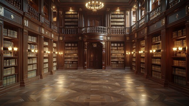 hand gently traces spines of rare leather bound books in dimly lit elegant library. Towering wooden shelves and warm lamps create atmosphere of mystery and discovery.