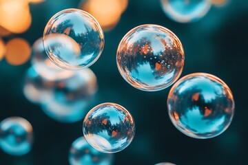 Colorful bubbles floating outdoors with a bokeh background