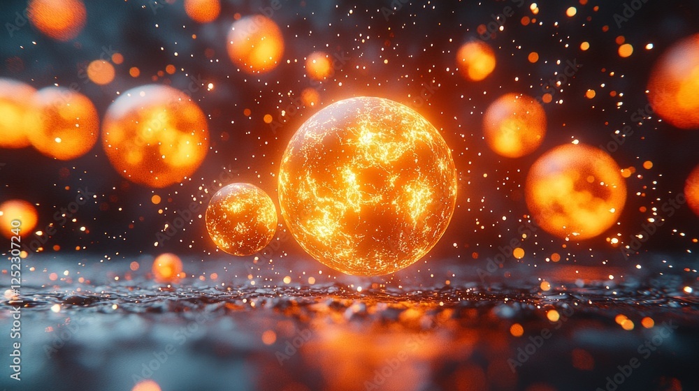 Poster countless glowing spheres burst into existence from central core creating awe inspiring alternative 