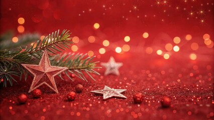 Fototapeta premium Festive red glitter background with evergreen branch and sparkling stars for a joyful holiday scene.