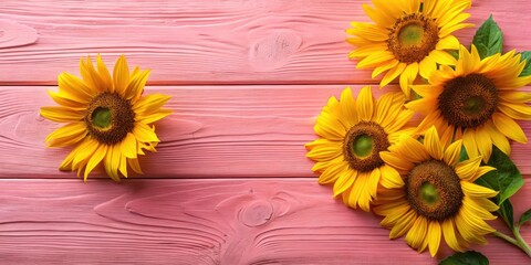 Obraz premium Summer's golden hues shine: sunflowers on pink wood create a charming, product-showcasing still life.