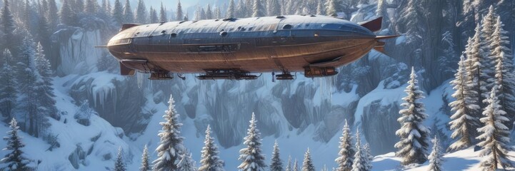 Fototapeta premium Airship suspended above a frozen forest with snow-covered trees and icicles hanging from the eaves, ice, frozen forest