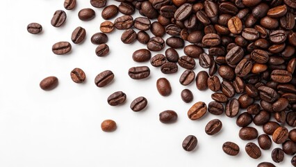 Naklejka premium Aromatic Roasted Coffee Beans Scattered on White Background, Showing Rich Brown Hues and Textured Surfaces