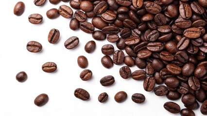 Naklejka premium Aromatic Roasted Coffee Beans Scattered on White Background