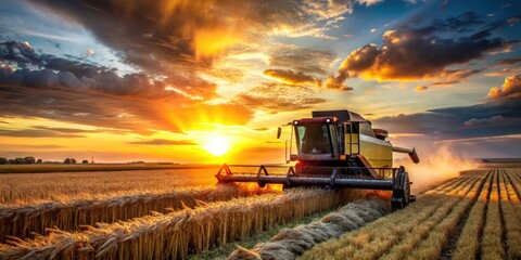 Obraz premium Summer sun sets on a combine harvesting golden wheat fields, painting a picture of agricultural productivity.