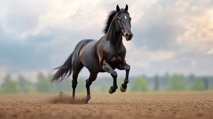A majestic black horse rearing up, showcasing strength, power, and elegance. Perfect for equestrian, wildlife, and artistic themes with a dynamic and dramatic feel.