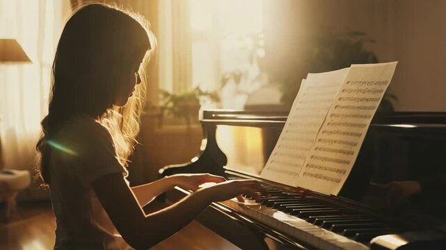A young woman sits at a grand piano, deeply immersed in playing music as golden sunlight filters through the window. The soft lighting and intimate setting create a serene and artistic atmosphere