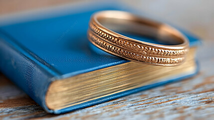 Gold wedding ring on blue book, wooden background