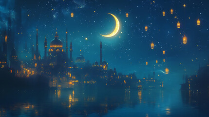 Naklejka premium Nighttime Cityscape Illuminated Lanterns Crescent Moon