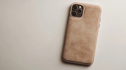 Beige phone case on white background. Lifestyle product shot