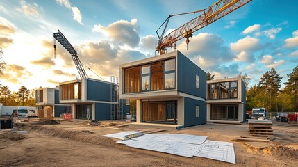 Modern House Construction Site at Sunset