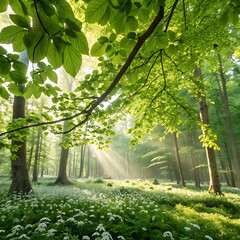 Fototapeta premium Ethereal Sunlight Filtering Through Lush Green Leaves in Serene Forest Setting