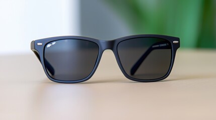 Dark sunglasses on table, blurred plants background, eyewear product shot