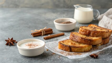 A delectable arrangement of golden-brown French toast, sprinkled with cinnamon, served alongside creamy yogurt and milk.