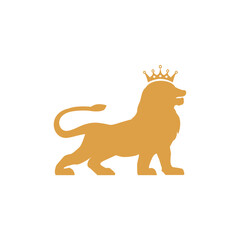Golden crowned lion standing illustration logo design 