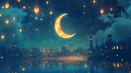 Nighttime Cityscape with Crescent Moon and Lanterns