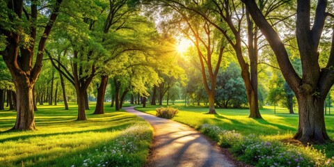 Obraz premium Sun-drenched park, vibrant green footpaths; candid nature walk photos.