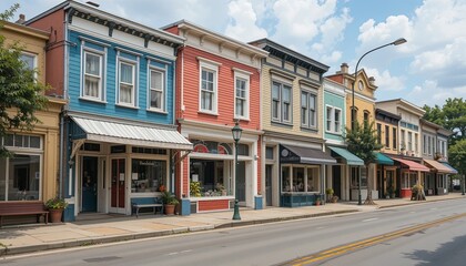 Obraz premium Historic street scene small town photography daytime wide angle community vibe