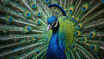 Obraz premium Peacock displaying vibrant feathers nature wildlife photography close-up colorful gigapixel cgi