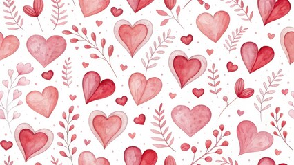 Fototapeta premium A Romantic Watercolor Pattern of Hearts and Botanical Elements for Valentine's Day