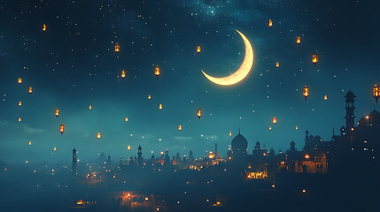 Nighttime Cityscape With Crescent Moon And Floating Lanterns