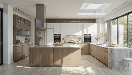 Modern kitchen design cozy home interior photography bright atmosphere wide angle aesthetic appeal