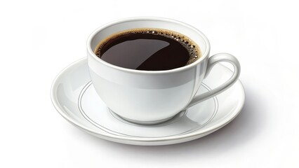 Aromatic cup of dark coffee in a pristine white mug, resting on a matching saucer with subtle gray concentric circles.