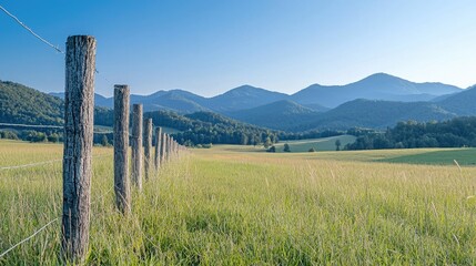 Fototapeta premium Rural landscape with wooden fence and mountains. Peaceful pasture. Great for nature, travel, or desktop use