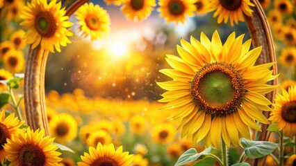 Obraz premium Sun-drenched sunflowers bloom, double exposed for a vibrant yellow-orange floral frame in a summer field photograph.