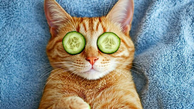 Cute ginger cat lying on a blue towel with cucumber slices over its eyes, a spa day for cats concept.