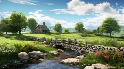Idyllic countryside scene with stone bridge and quaint cottage