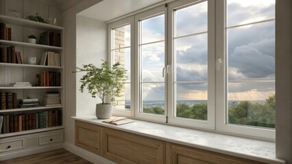 Serene Window Seat with Book and Plant, Overlooking a Distant Landscape under a Dramatic Sky