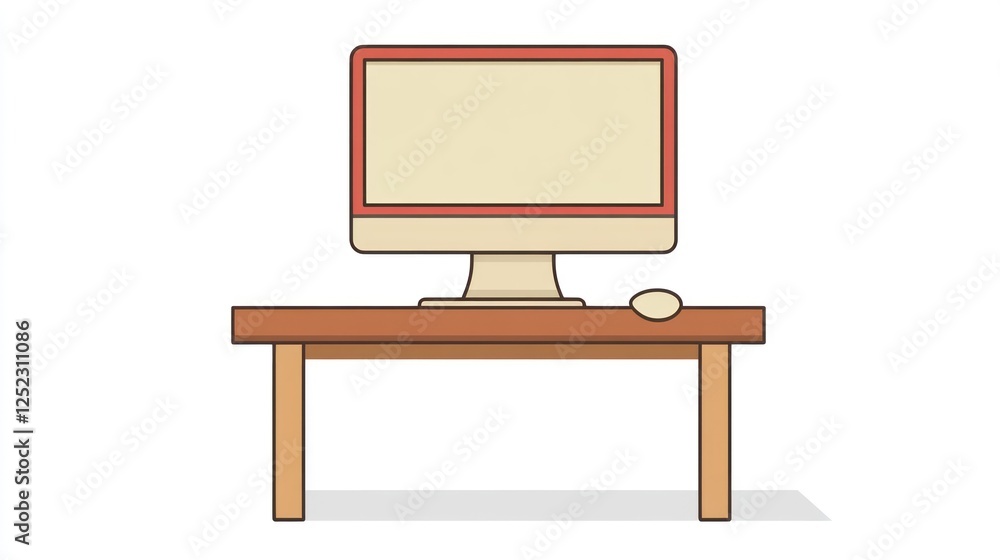 Poster simple computer monitor and mouse on wooden table