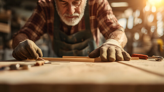 Surreal Senior Craftsman in Workshop Bathed in Natural Sunlight