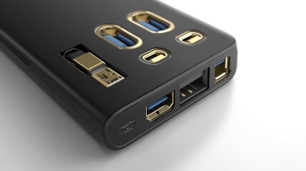 Obraz premium Black portable hub, multiple ports, white background, tech accessory