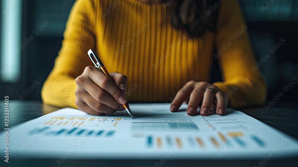 Poster a person in a yellow sweater analyzes data on a sheet, using a pen to write notes, surrounded by gra