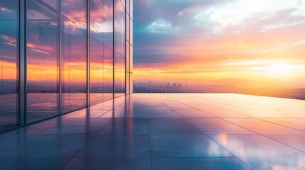 Fototapeta premium Cityscape Sunset Reflection: Modern Architecture at Golden Hour