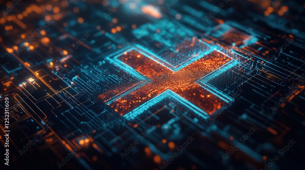 Poster high-tech digital cross design with blue and orange lights on a dark background.with geometric patte