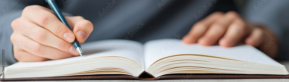 Poster a close-up of a person's hand writing in an open notebook, emphasizing creativity and the act of not