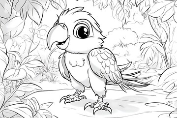 Obraz premium Colorful parrot coloring page jungle setting printable art kids activity fun design