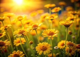 Fototapeta premium Sunlit yellow daisies in a miniature world; tilt-shift macro photography creates a vibrant summer meadow scene.