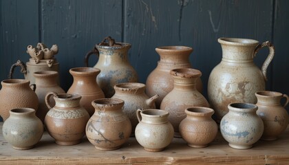 Ancient pottery collection museum exhibit still life indoor close-up artifacts