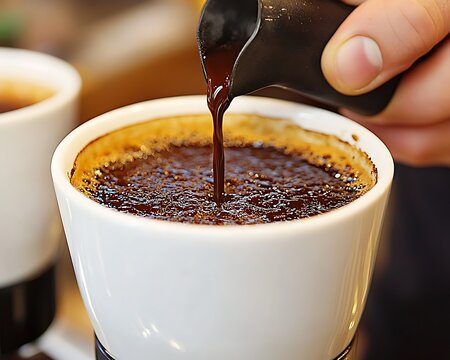 Pouring coffee into cup, cafe setting
