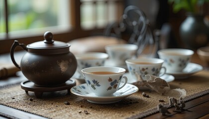 Fototapeta premium Tea brewing experience cozy home photography warm environment close-up cultural tradition