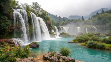 Fototapeta premium Serene Waterfall Cascades Flowing Into Turquoise Lake Surrounded by Lush Greenery and Mist