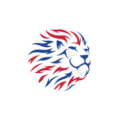 Lion head mane blown by the wind blue red illustration logo design