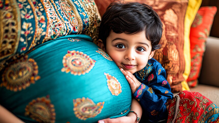 Close-Up of Indian Boy and Mother, Loving Kiss for Unborn Sister.