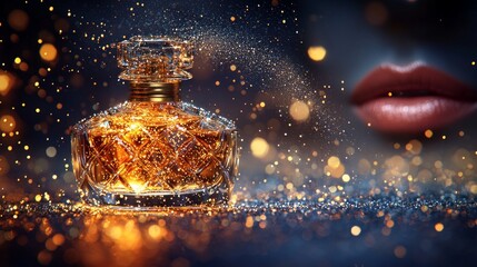 luxurious perfume bottle releases fine mist shimmering in soft golden light. Lips hover just outside frame drawn irresistible and enchanting fragrance in air.