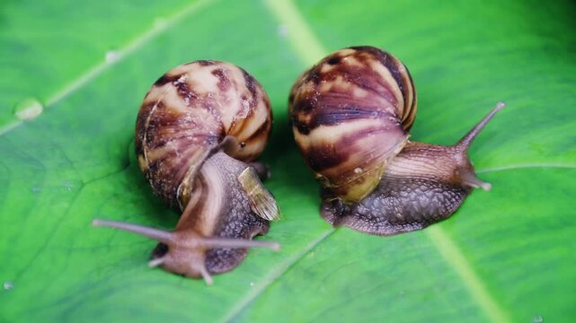 snails slowly crawling on a green leaf